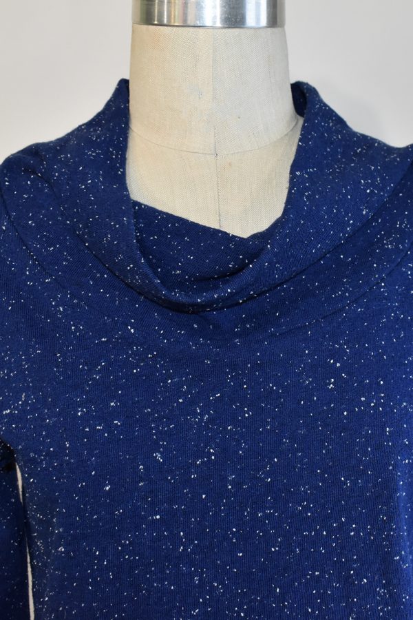 close of drapey cowl neck in brilliant blue hemp fabric with speckles