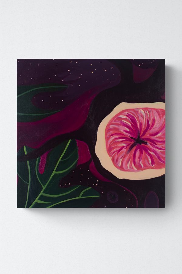 Painting of figs and fig leaves by Amy Daileda in burgundy, red, pink and green