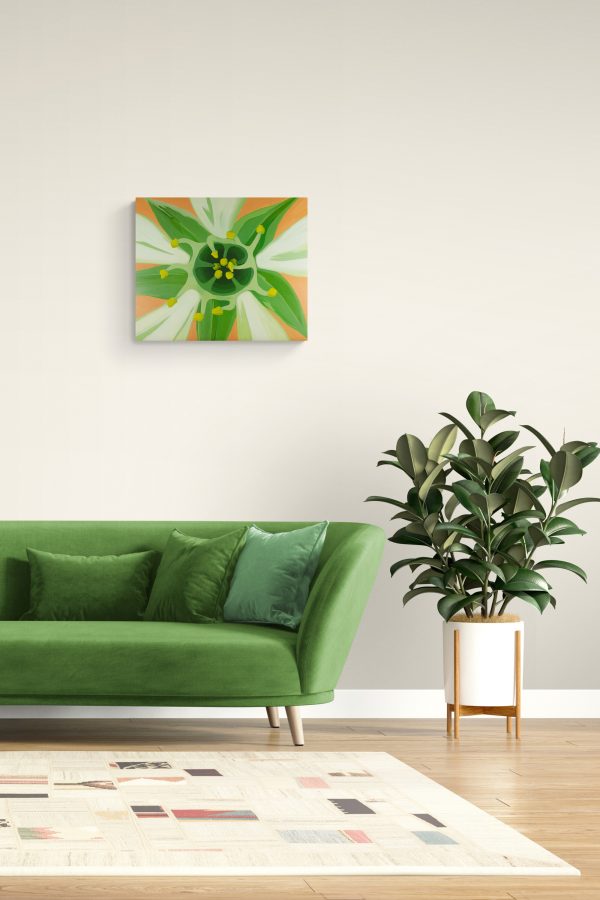 room with a green couch and a plant with the painting "Osoberry Anthers" hanging above it.