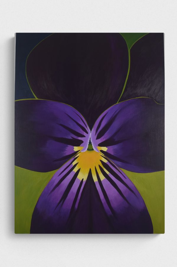 Painting of a close up view of a purple viola, on a wall.