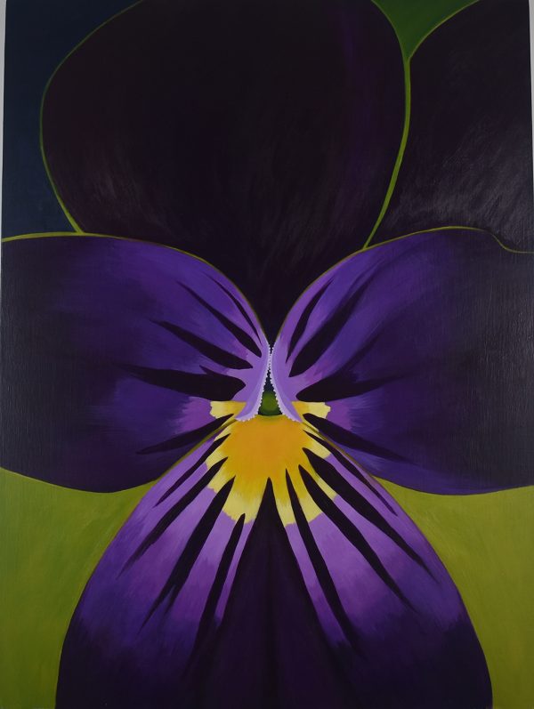 zoomed in view of a viola flower--painting in purple, yellow and green