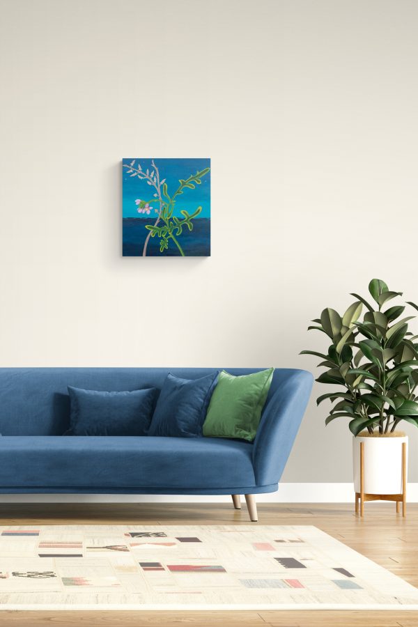 room with a blue couch and a plant and the painting "Transition" in blues hanging on the wall.
